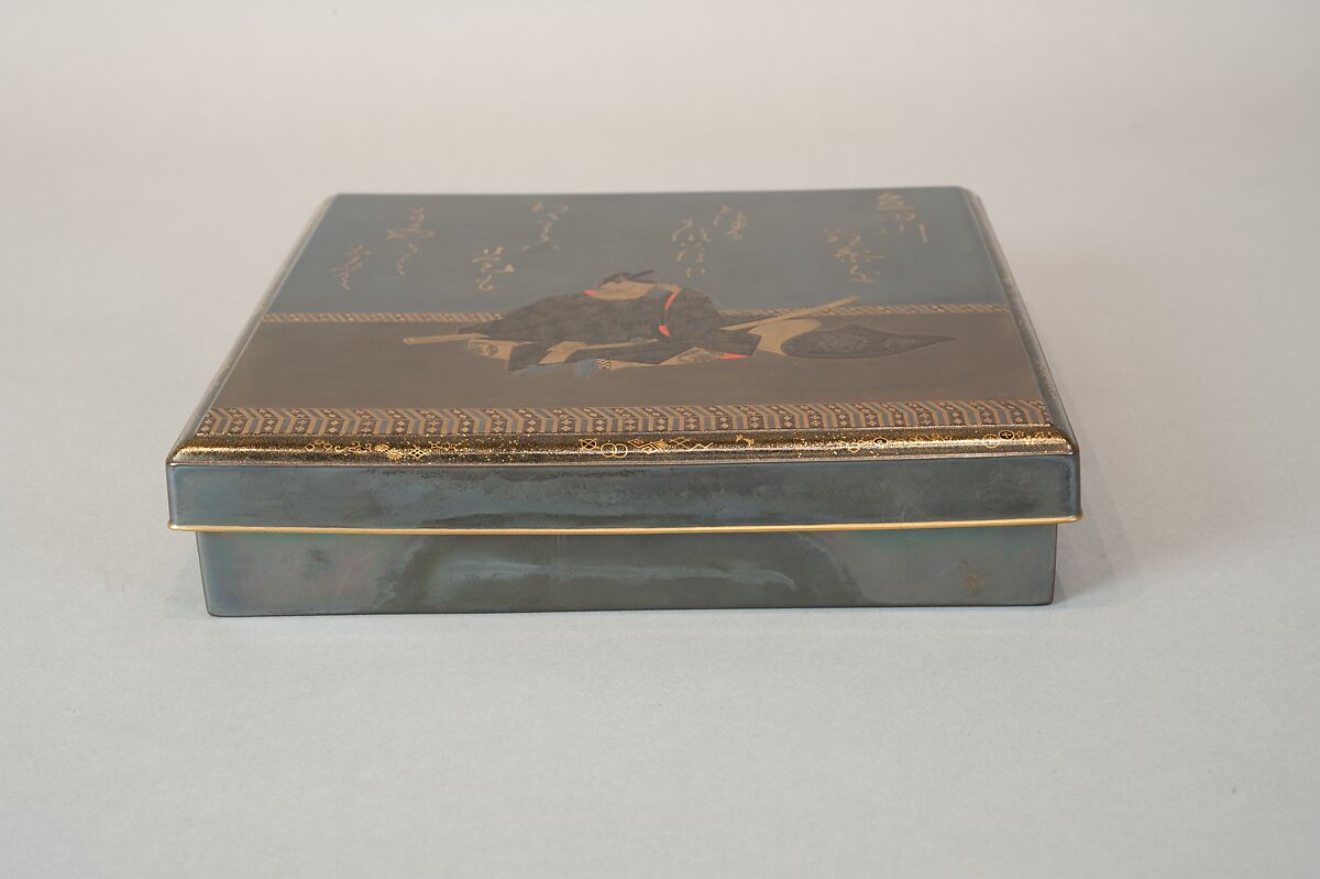 Writing Box with Portrait of Fujiwara no Ietaka and His Poem about the Tatsuta River, Lacquered wood with gold and silver hiramaki-e, togidashimaki-e, and red lacquer on silver ground, Japan