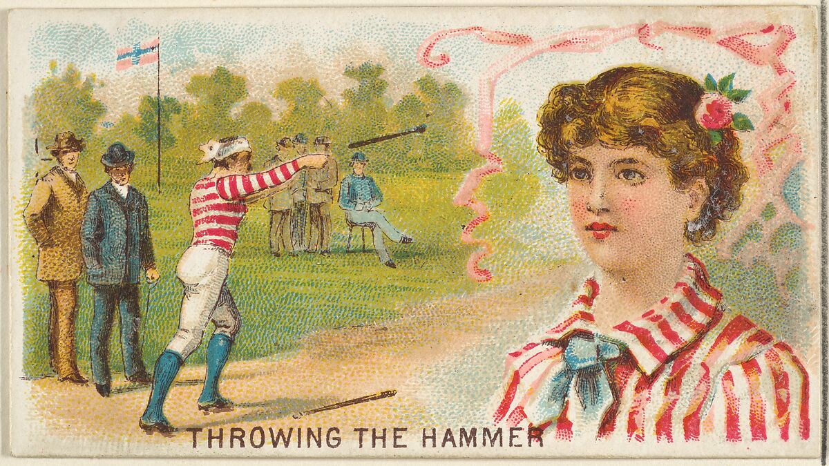 Throwing the Hammer, from the Games and Sports series (N165) for Old Judge Cigarettes, Issued by Goodwin &amp; Company, Commercial color lithograph 