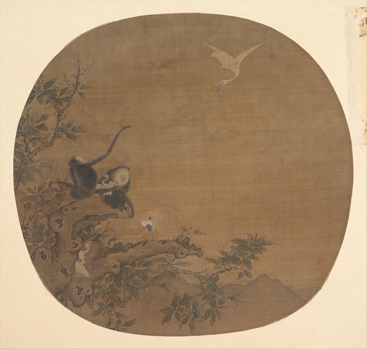 Gibbons Raiding an Egret's Nest, Unidentified artist Chinese, Fan mounted as an album leaf; ink and color on silk, China