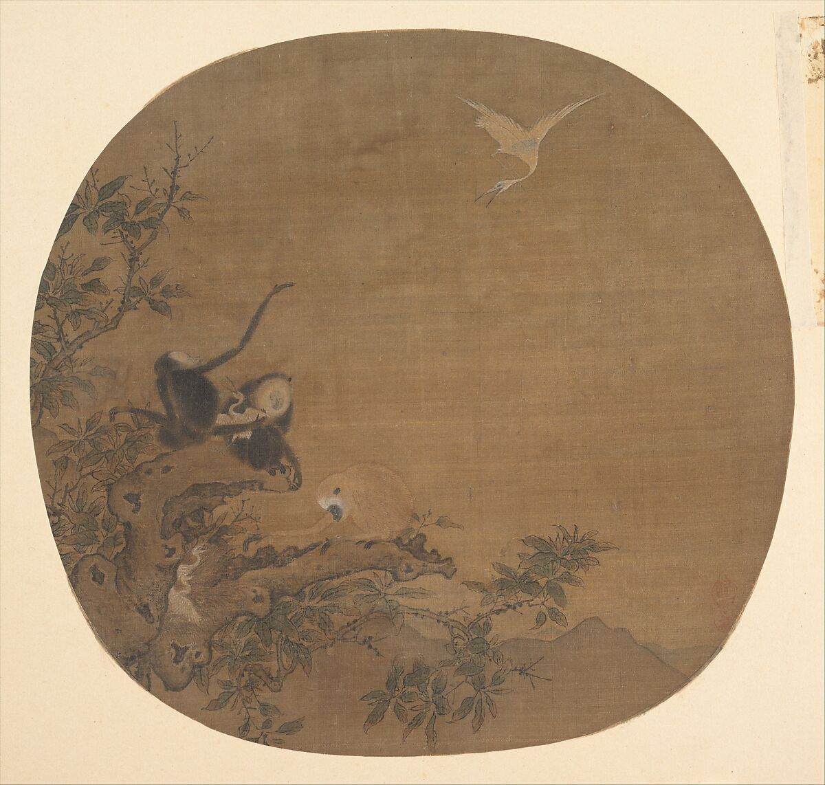 Gibbons Raiding an Egret's Nest, Unidentified artist Chinese, Fan mounted as an album leaf; ink and color on silk, China 