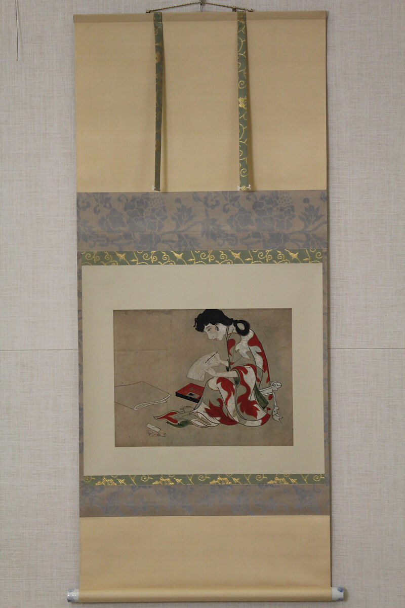 Beauty Writing a Letter (copy of a section of the Hikone Screen), Hanging scroll; ink and color on silk, Japan