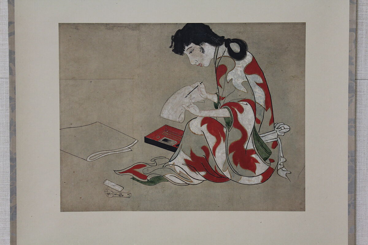Beauty Writing a Letter (copy of a section of the Hikone Screen), Hanging scroll; ink and color on silk, Japan 