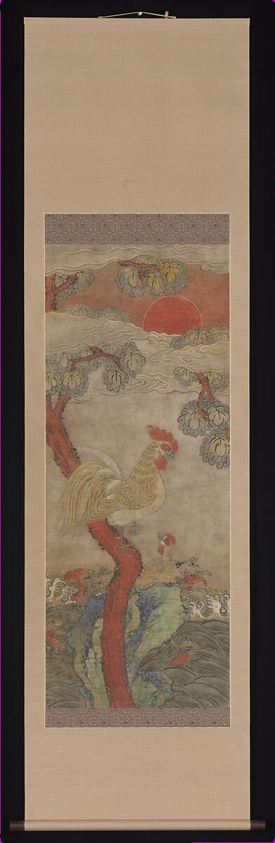 Golden Rooster and Hen, Unidentified artist, Hanging scroll; ink and color on paper, Korea