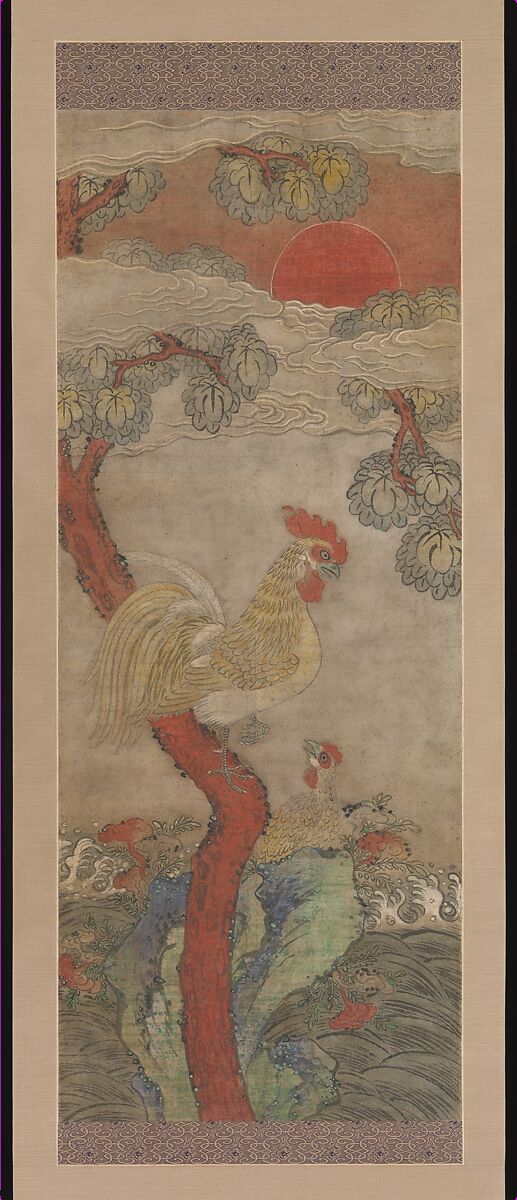 Golden Rooster and Hen, Unidentified artist, Hanging scroll; ink and color on paper, Korea 