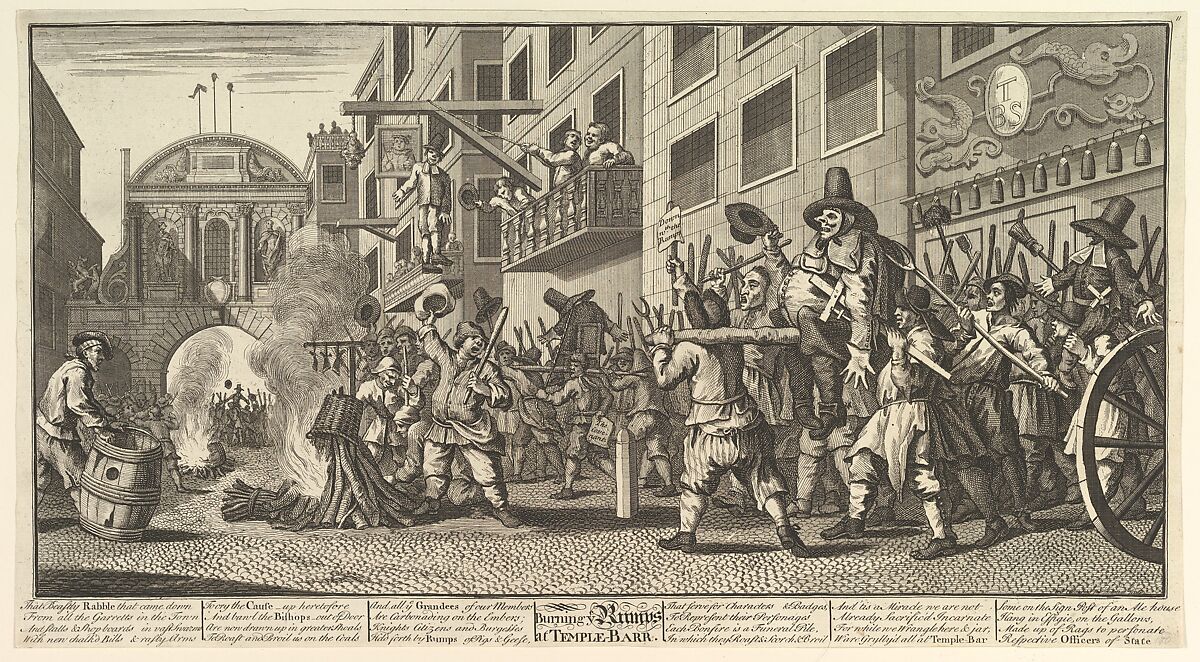 Burning the Rumps at Temple Bar (Twelve Large Illustrations for Samuel Butler's Hudibras, Plate 11), William Hogarth (British, London 1697–1764 London), Engraving; fourth state of four 