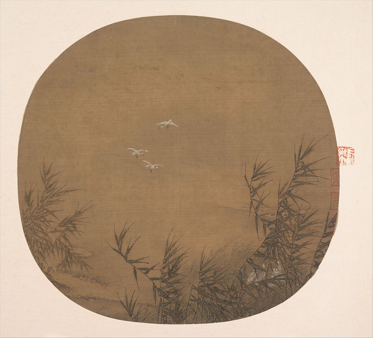 Egrets in Water Reeds, Unidentified artist, Fan mounted as an album leaf; ink and color on silk, China 