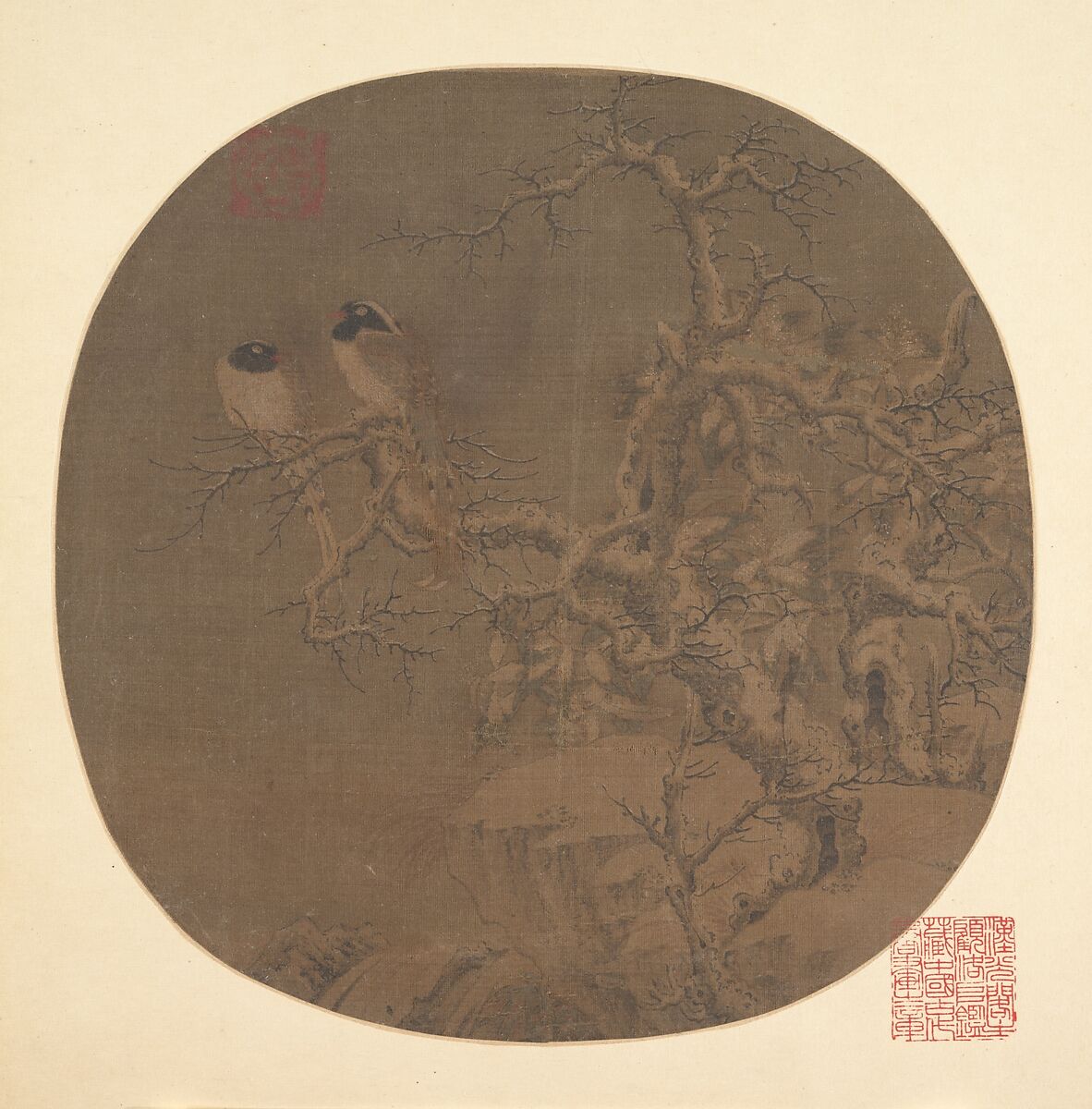 Two Birds on a Wintry Tree, Unidentified artist, Fan mounted as an album leaf; ink and color on silk, China 