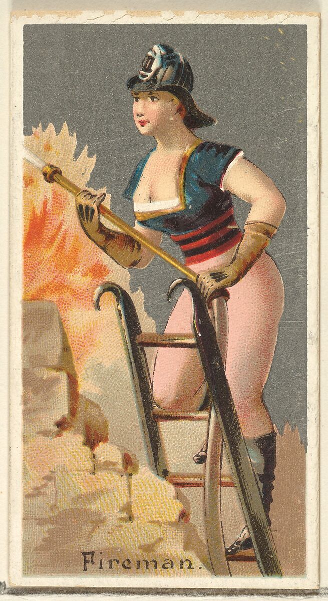 Fireman, from the Occupations for Women series (N166) for Old Judge and Dogs Head Cigarettes, Issued by Goodwin &amp; Company, Commercial color lithograph 