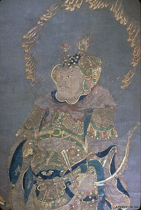 Buddhist Guardian King, Hanging scroll; silk applique and embroidery on plain-weave silk, China 