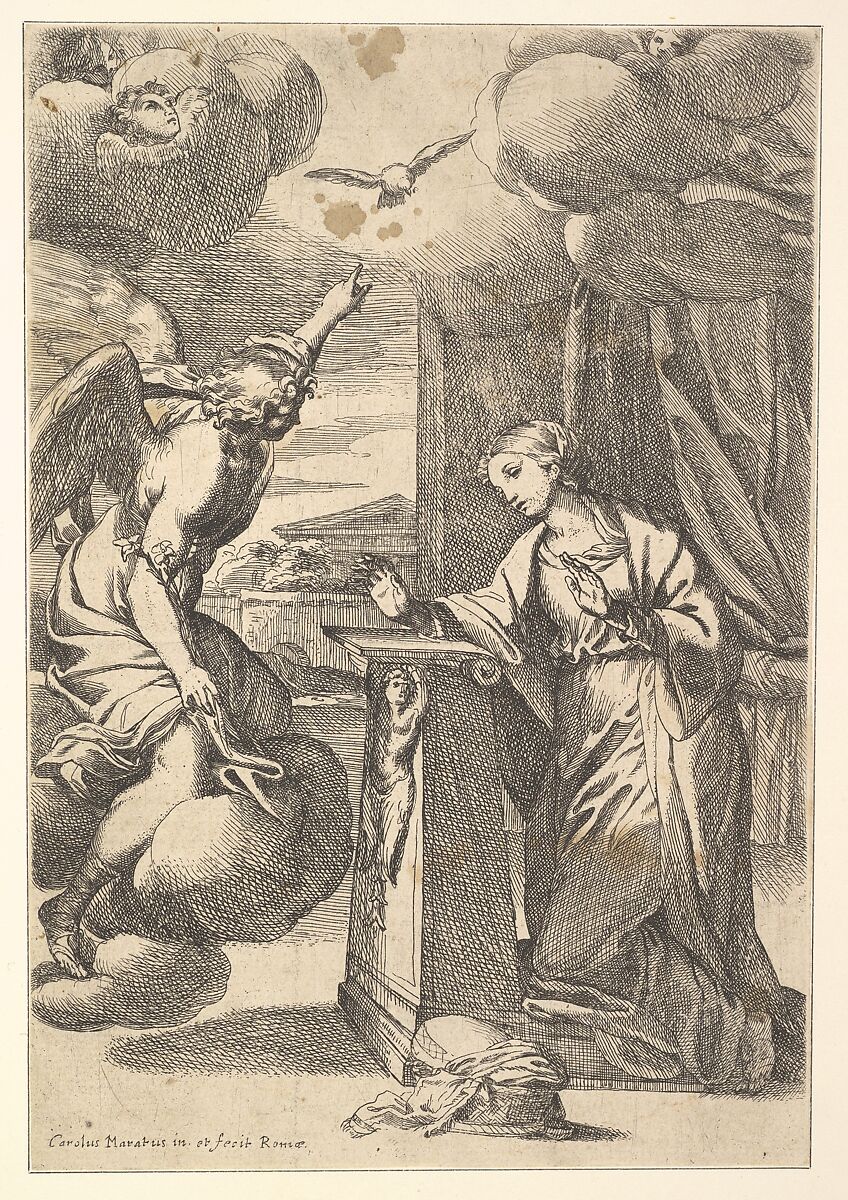 The Annunciation, Carlo Maratti (Italian, Camerano 1625–1713 Rome), Etching; second state of two (Bartsch) 