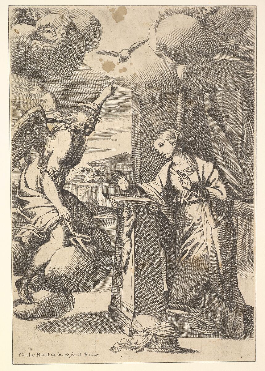 The Annunciation, Carlo Maratti (Italian, Camerano 1625–1713 Rome), Etching; second state of two (Bartsch)