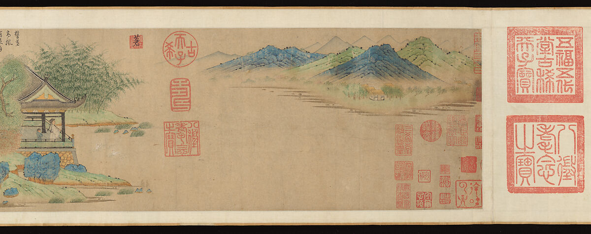Wang Xizhi watching geese, Qian Xuan (Chinese, 1239–1301), Handscroll; ink, color, and gold on paper, China