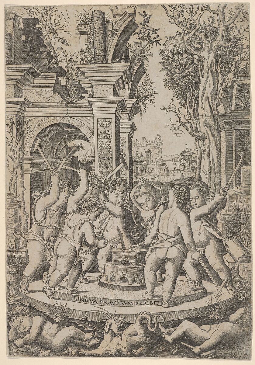 The fate of an evil tongue; seven putti stand around an anvil on which they hammer a tongue, landscape and architecture behind, Nicoletto da Modena (Italian, Modena, active ca. 1500–ca. 1520), Engraving 