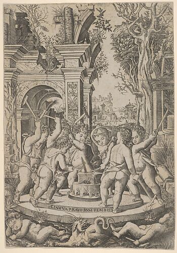 The fate of an evil tongue; seven putti stand around an anvil on which they hammer a tongue, landscape and architecture behind