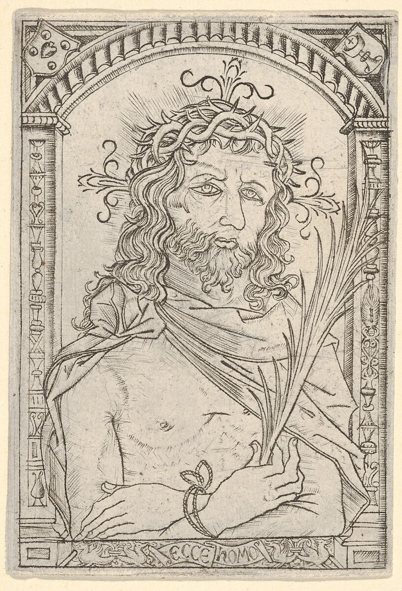 Christ as the man of sorrows set within an ornate frame, Attributed to Nicoletto da Modena (Italian, Modena, active ca. 1500–ca. 1520), Engraving 