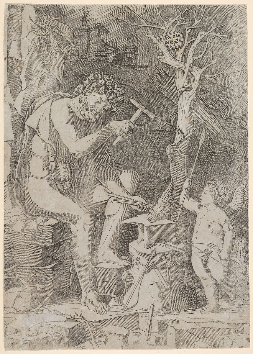 Vulcan seated forging Cupid's wing, Nicoletto da Modena (Italian, Modena, active ca. 1500–ca. 1520), Engraving 