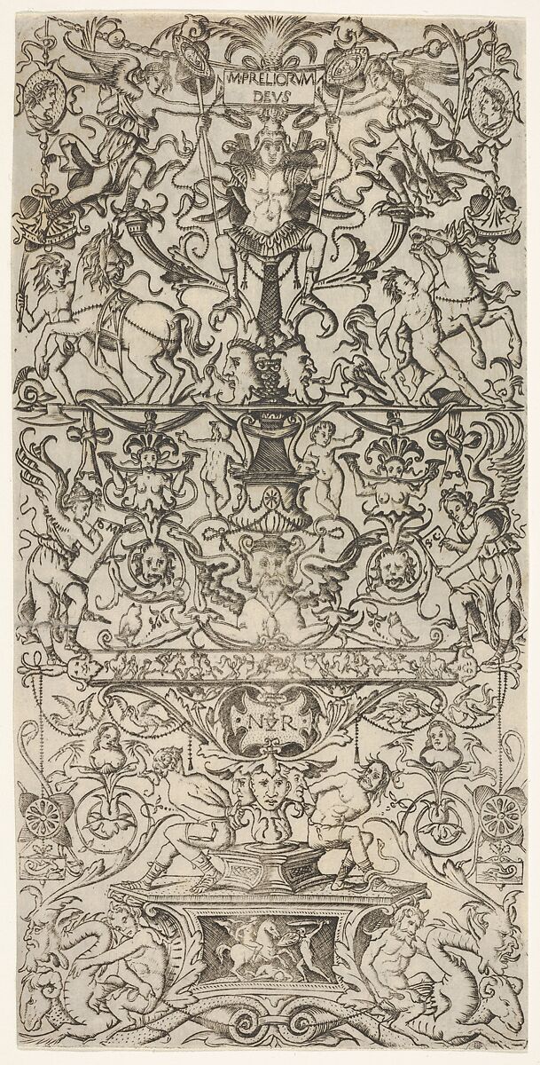 Vertical ornament panel with Mars, Nicoletto da Modena (Italian, Modena, active ca. 1500–ca. 1520), Engraving 