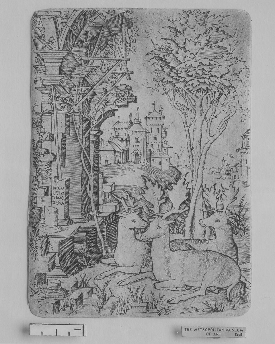 Three Stags, sitting in the ground, buildings in background, Nicoletto da Modena (Italian, Modena, active ca. 1500–ca. 1520), Engraving