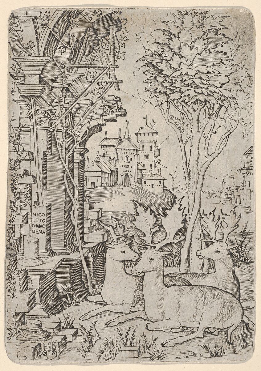 Three Stags, sitting in the ground, buildings in background, Nicoletto da Modena (Italian, Modena, active ca. 1500–ca. 1520), Engraving 