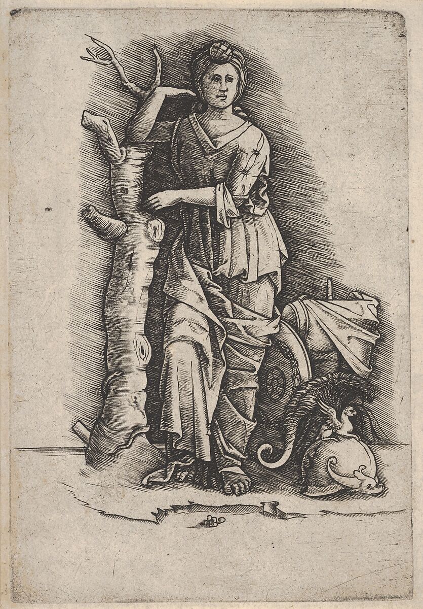 Victory or Minerva, helmet on the groud to the right, Attributed to Nicoletto da Modena (Italian, Modena, active ca. 1500–ca. 1520), Engraving 