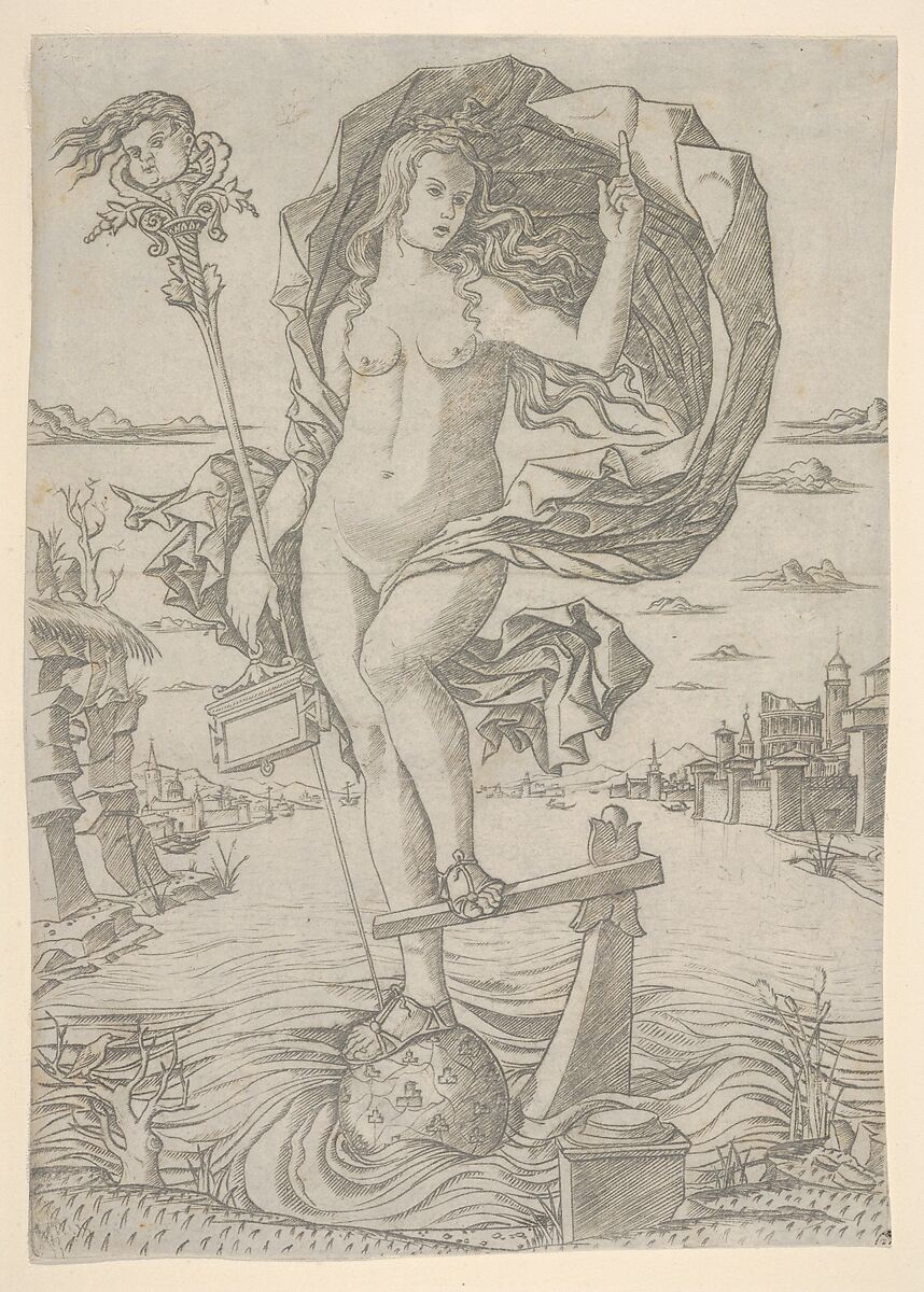 A naked female figure representing Fortune, Nicoletto da Modena (Italian, Modena, active ca. 1500–ca. 1520), Engraving 