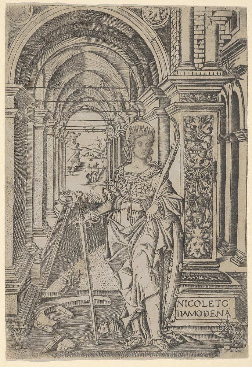 Saint Catherine, sword in her right hand, palm in her left, Nicoletto da Modena (Italian, Modena, active ca. 1500–ca. 1520), Engraving 