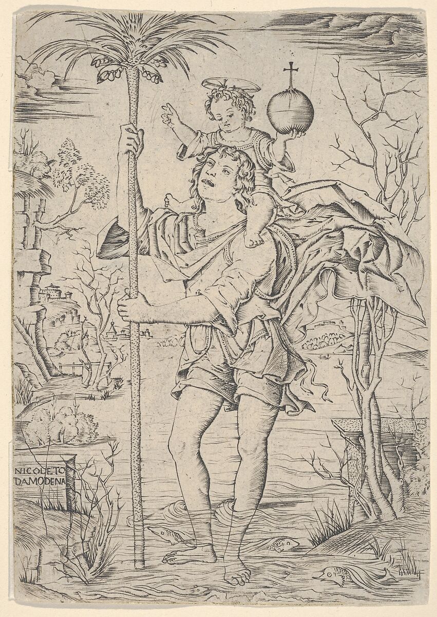 Saint Christopher with the Christ Child on his shoulder, Nicoletto da Modena (Italian, Modena, active ca. 1500–ca. 1520), Engraving 