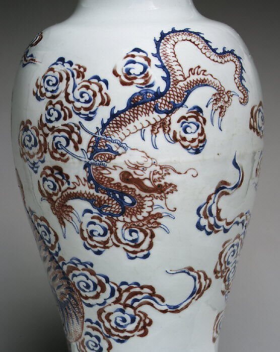 Vase with Buddhist figures, Porcelain with raised decoration, painted in underglaze cobalt blue and copper red (Jingdezhen ware), China