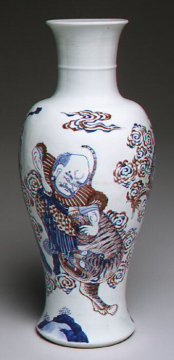 Vase with Buddhist figures, Porcelain with raised decoration, painted in underglaze cobalt blue and copper red (Jingdezhen ware), China 