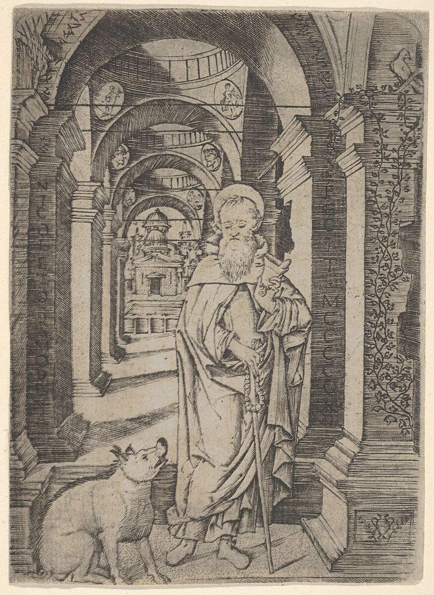 Saint  Antony Abbot standing within a colonnade, Nicoletto da Modena (Italian, Modena, active ca. 1500–ca. 1520), Engraving 