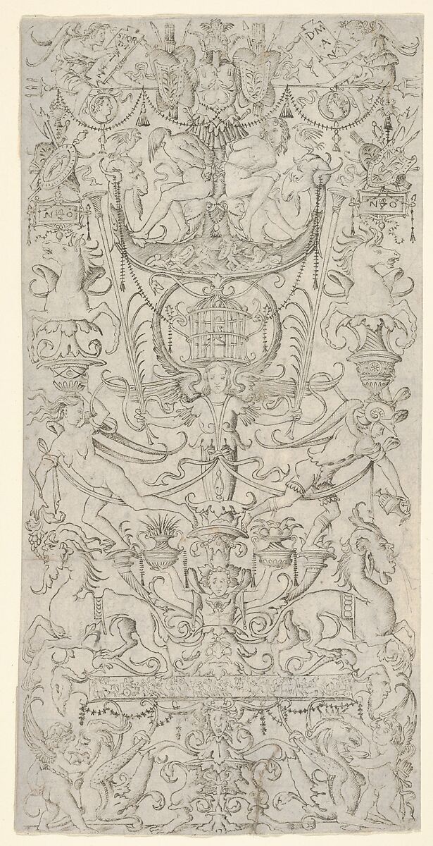 Panel of ornament with a bird-cage in the centre, Nicoletto da Modena (Italian, Modena, active ca. 1500–ca. 1520), Engraving 