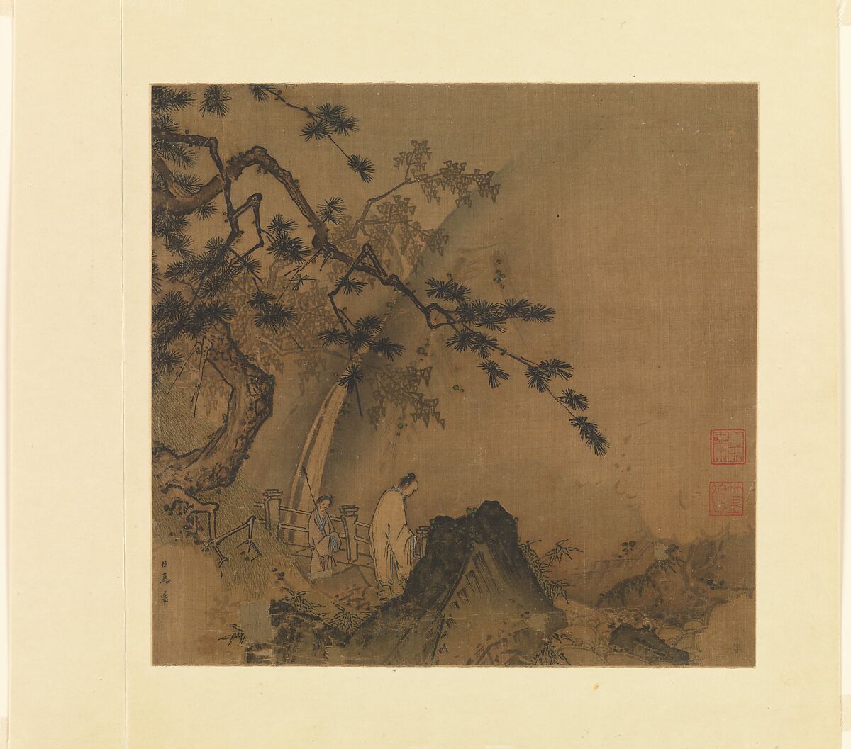 Scholar viewing a waterfall, Ma Yuan  Chinese, Album leaf; ink and color on silk, China