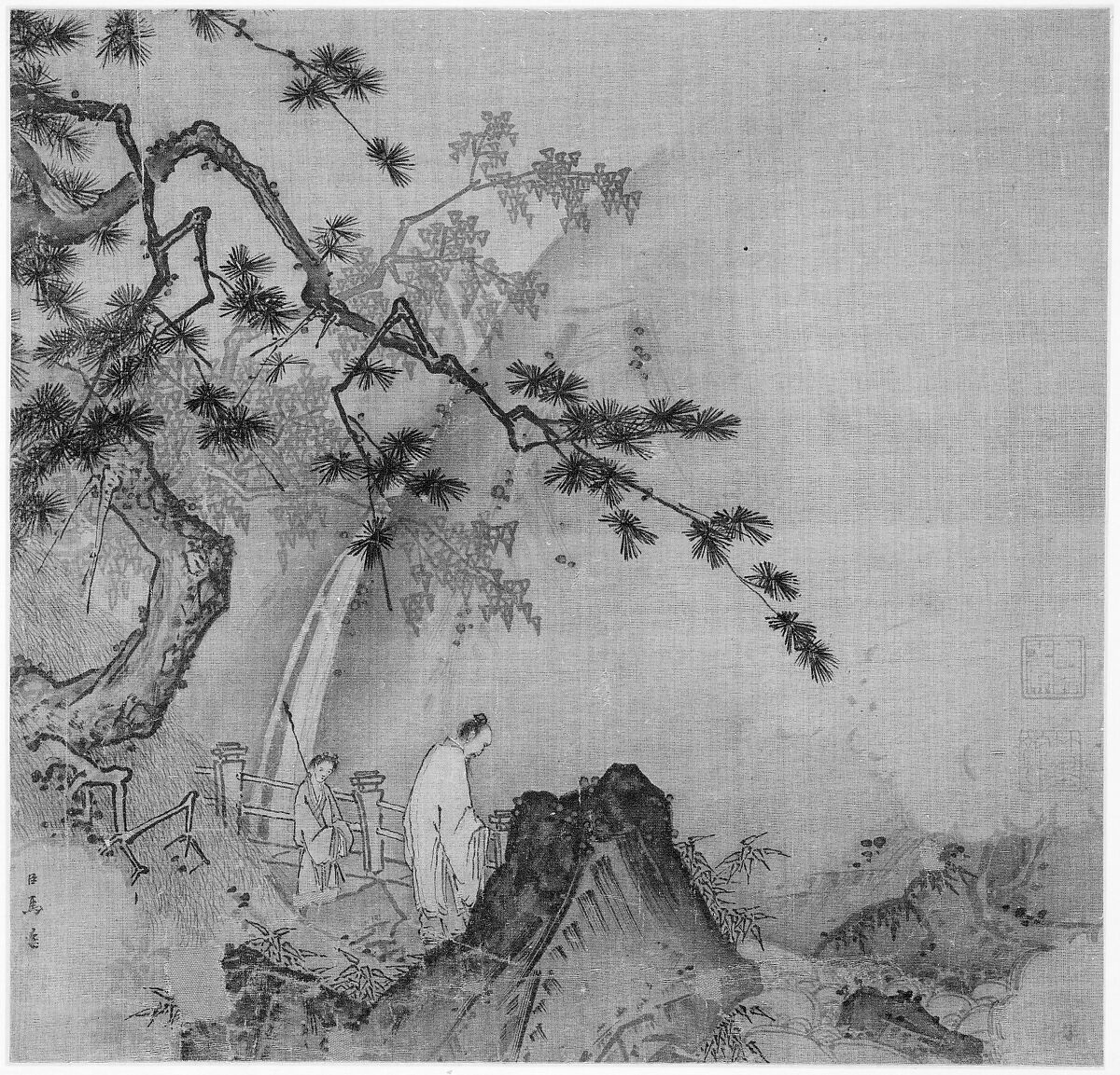 Scholar viewing a waterfall, Ma Yuan (Chinese, active ca. 1190–1225), Album leaf; ink and color on silk, China