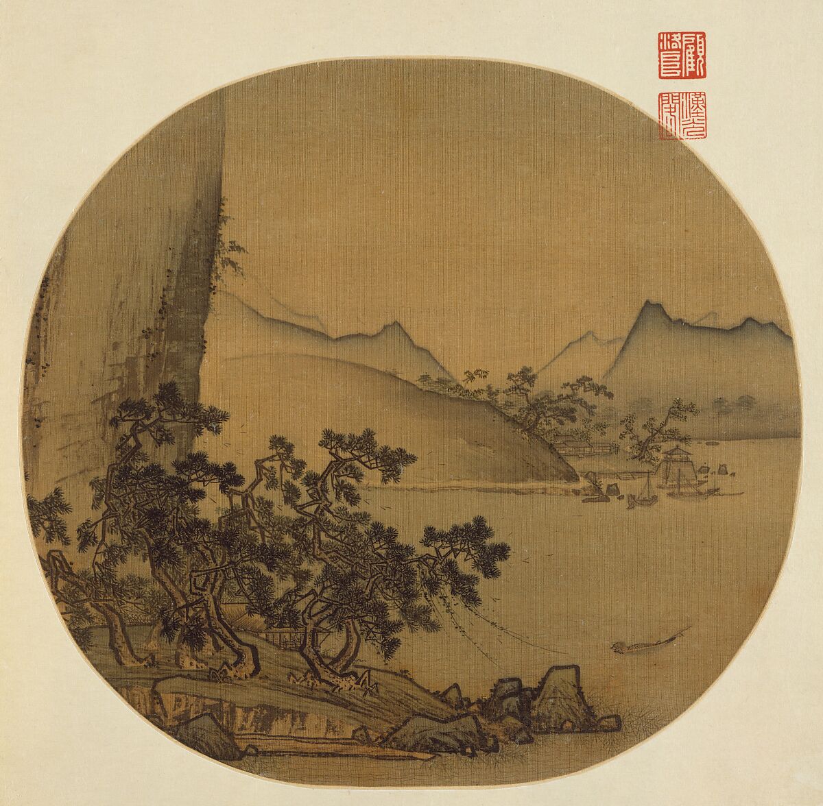 Boats Moored in Wind and Rain, Unidentified artist Chinese, 13th century, Fan mounted as an album leaf; ink and color on silk, China 