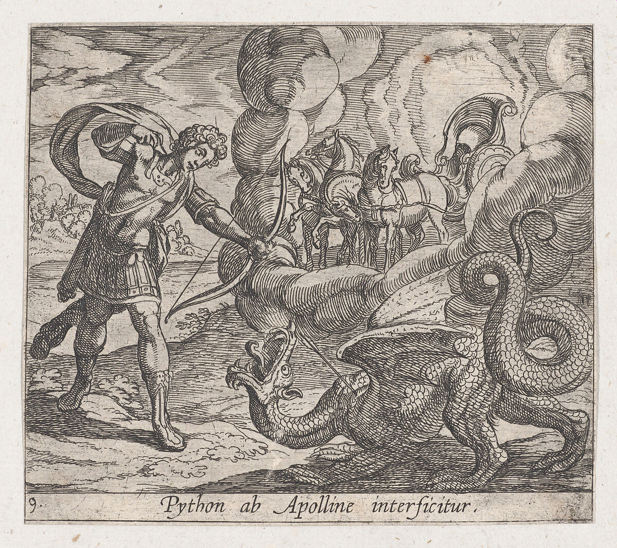 Plate 9: Apollo Killing Python (Python ab Apolline interficitur), from Ovid's 'Metamorphoses', Antonio Tempesta (Italian, Florence 1555–1630 Rome), Etching 