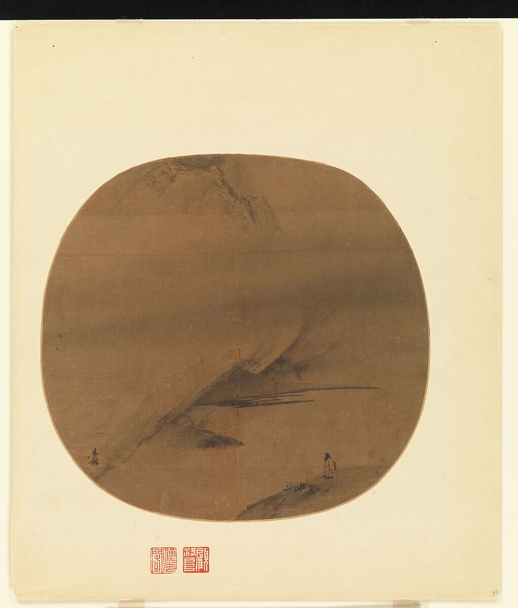 Poet strolling by a marshy bank, Liang Kai  Chinese, Fan mounted as an album leaf; ink on silk, China