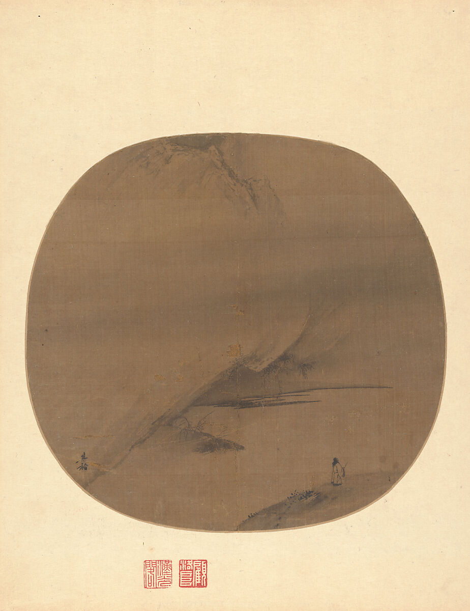 Poet strolling by a marshy bank, Liang Kai  Chinese, Fan mounted as an album leaf; ink on silk, China