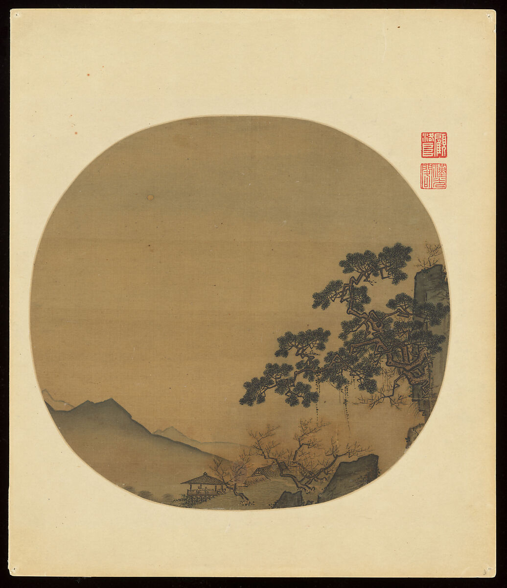 Early spring landscape, Unidentified artist, Fan mounted as an album leaf; ink and color on silk, China 