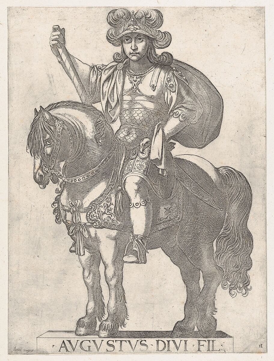 Plate 2: Emperor Augustus on Horseback, from 'the First Twelve Roman Caesars', Antonio Tempesta (Italian, Florence 1555–1630 Rome), Etching; first state of two (Bartsch) 