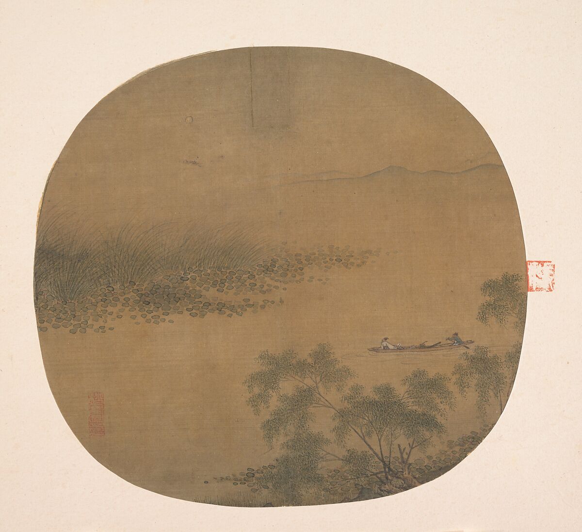 Boating by a Willow Bank, Unidentified artist Chinese, active 13th century, Fan mounted as an album leaf; ink and color on silk, China 