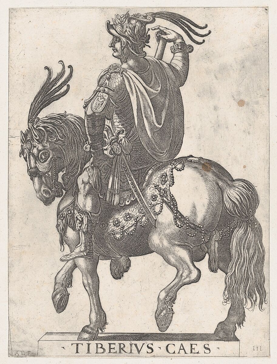 Plate 3: Emperor Tiberius on Horseback, from 'The First Twelve Roman Caesars', Antonio Tempesta (Italian, Florence 1555–1630 Rome), Etching; first state of two (Bartsch) 