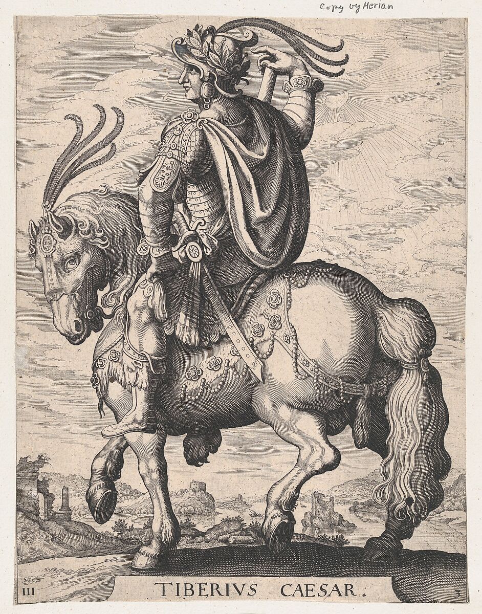 Plate 3: Emperor Tiberius on Horseback, from 'The First Twelve Roman Caesars', after Tempesta, Matthäus Merian the Elder (Swiss, Basel 1593–1650 Schwalbach), Etching 