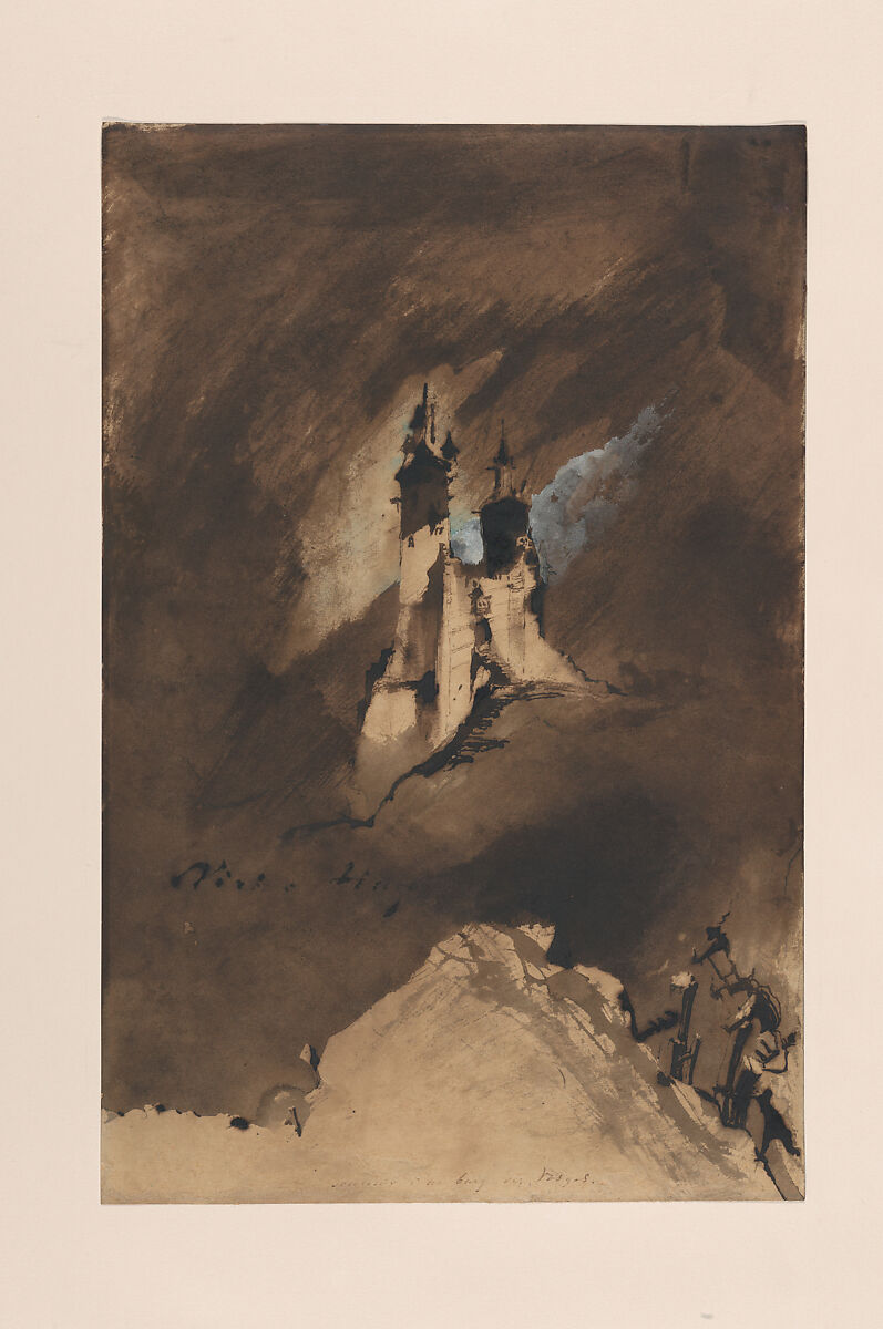 Souvenir of a Castle in Vosges, Victor Hugo (French, Besançon 1802–1885 Paris), Brush and iron gall washes, pen and iron gall ink, white gouache; outline of castle obtained by using a paper stencil