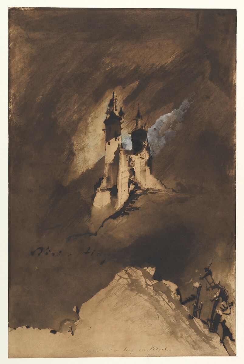 Souvenir of a Castle in Vosges, Victor Hugo (French, Besançon 1802–1885 Paris), Brush and iron gall washes, pen and iron gall ink, white gouache; outline of castle obtained by using a paper stencil 