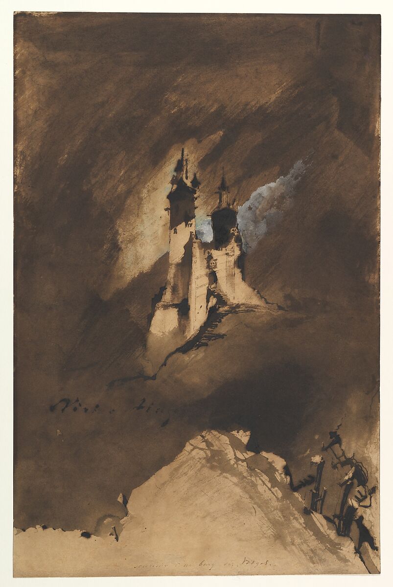 Souvenir of a Castle in Vosges, Victor Hugo  French, Brush and iron gall washes, pen and iron gall ink, white gouache; outline of castle obtained by using a paper stencil