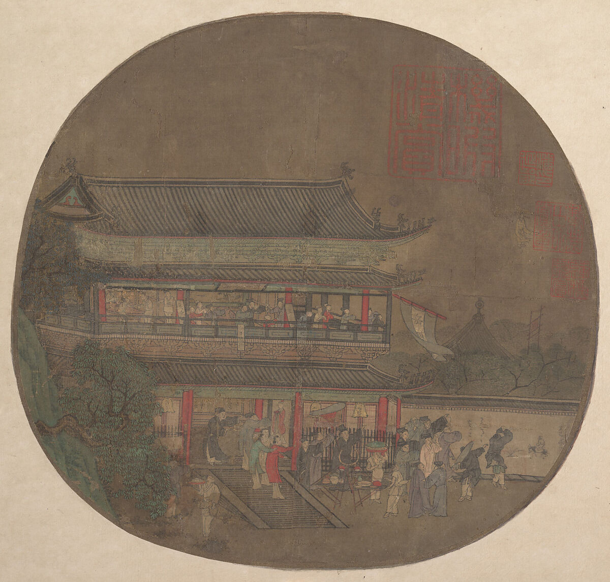 The Immortal Lü Dongbin Appearing over the Yueyang Pavilion, Unidentified artist Chinese, late 13th–early 14th century, Fan mounted as an album leaf; ink and color on silk, China 