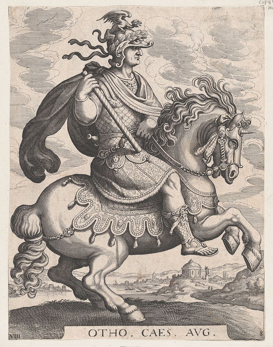 Plate 8: Emperor Otho on Horseback, from 'The First Twelve Roman Caesars', after Tempesta, Matthäus Merian the Elder (Swiss, Basel 1593–1650 Schwalbach), Etching and engraving 