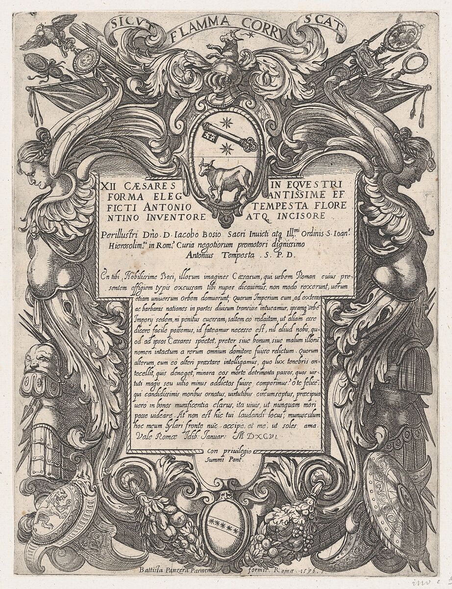 Frontispiece to the series 'The First Twelve Roman Caesars' with the Coat of Arms of Jacopo Bosio, Antonio Tempesta (Italian, Florence 1555–1630 Rome), Etching; first state of two (Bartsch) 