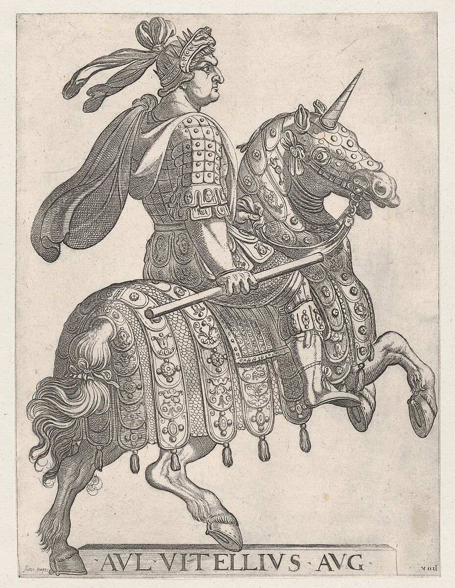 Plate 9: Emperor Vitellus on Horseback, from  'The First Twelve Roman Caesars', Antonio Tempesta (Italian, Florence 1555–1630 Rome), Etching; first state of two (Bartsch) 