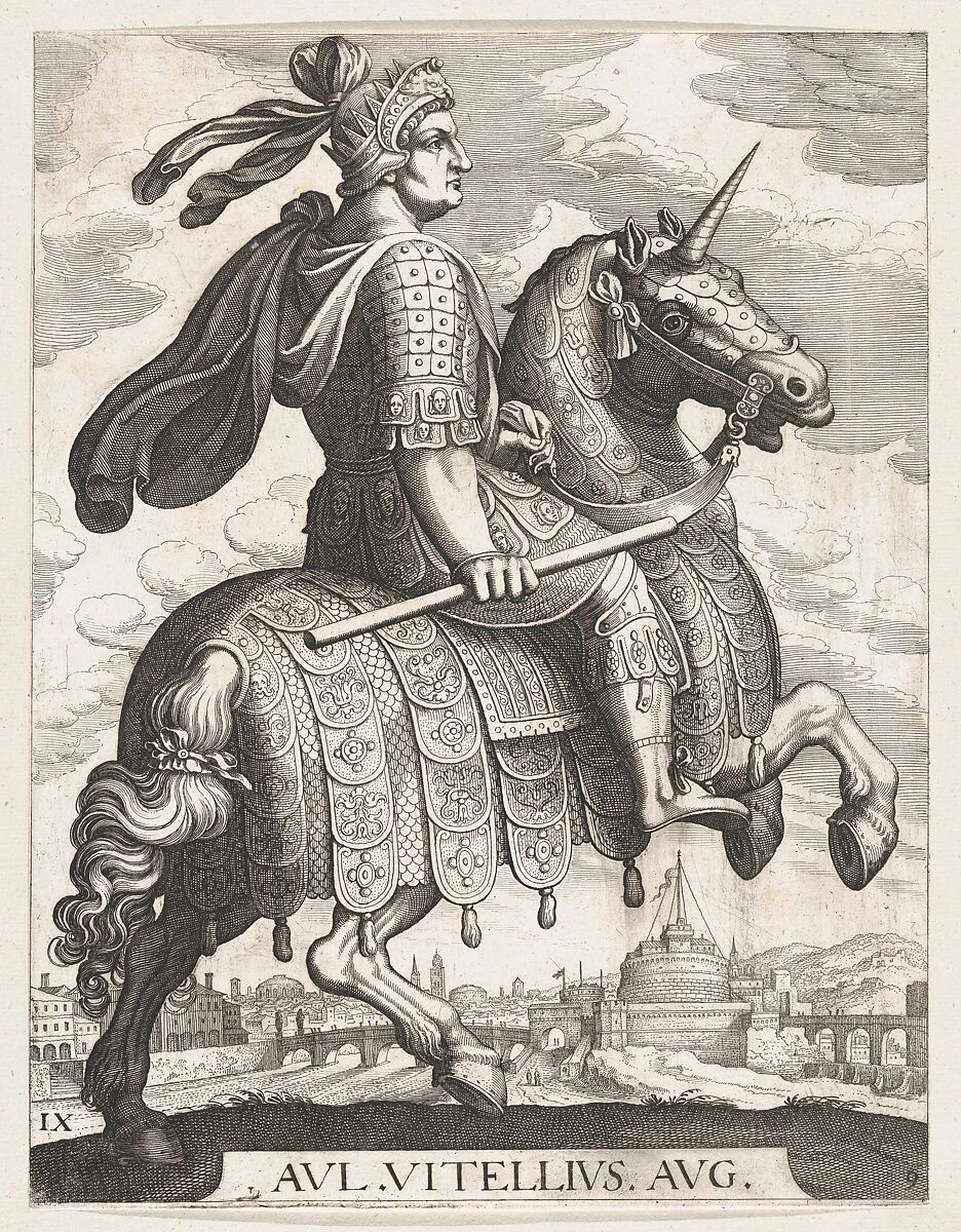 Plate 9: Emperor Vitellus on Horseback, from 'The First Twelve Roman Caesars' after Tempesta, Matthäus Merian the Elder (Swiss, Basel 1593–1650 Schwalbach), Etching and engraving 